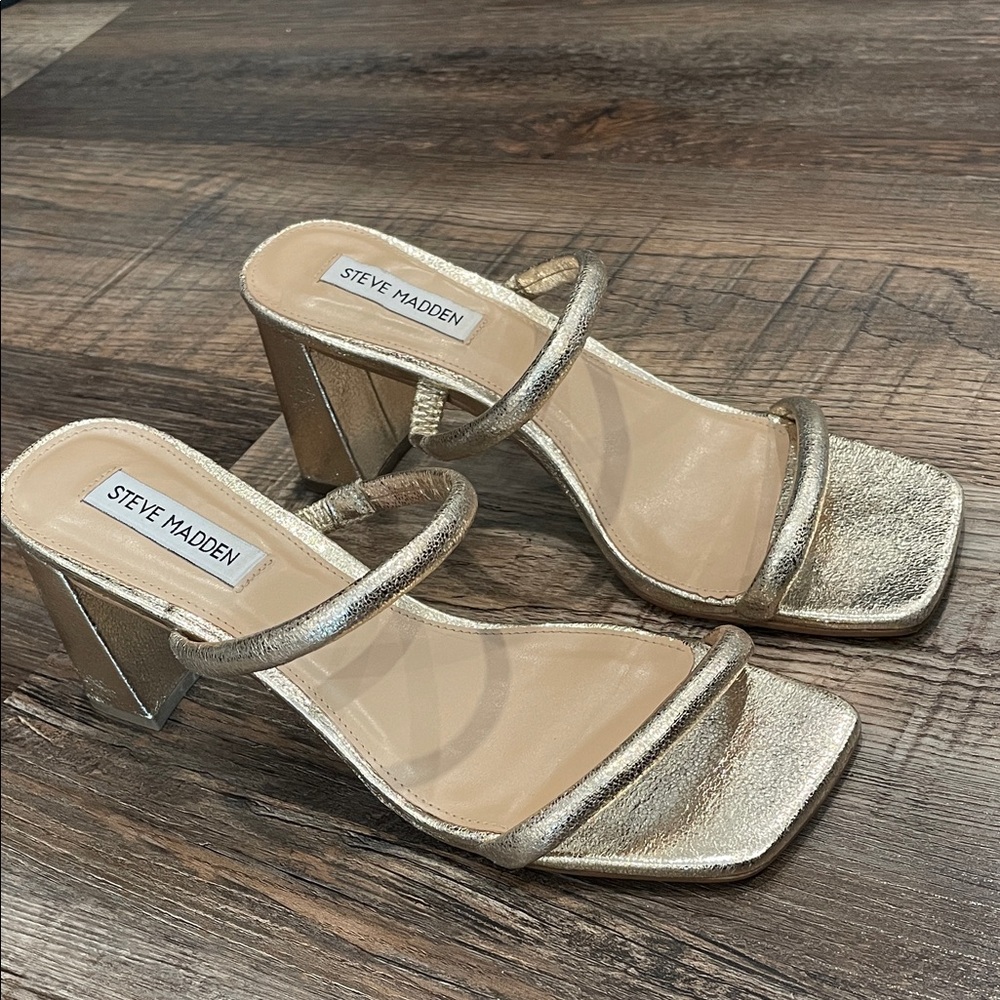 Steve Madden Metallic Gold Double-Strap Block Heel Sandals